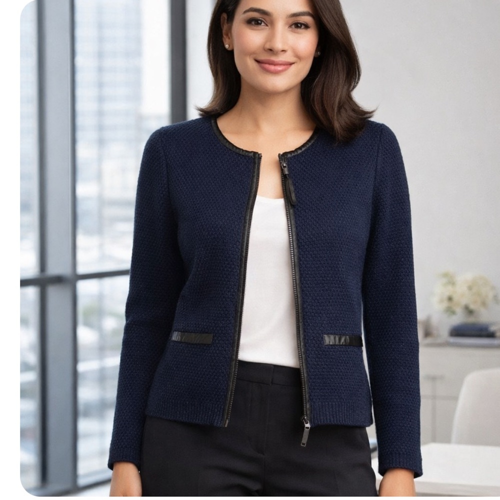 Tahari Navy Textured Zip-Up Knit Jacket with Faux Leather Trim Wool Blend Med